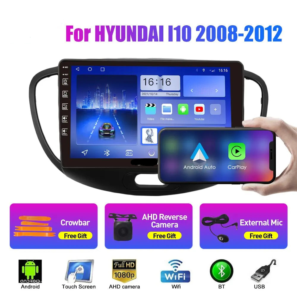 Car multimedia system for Hyundai I10 2008-2012 with screen and phone displaying connectivity options, Kunfine brand visible.
