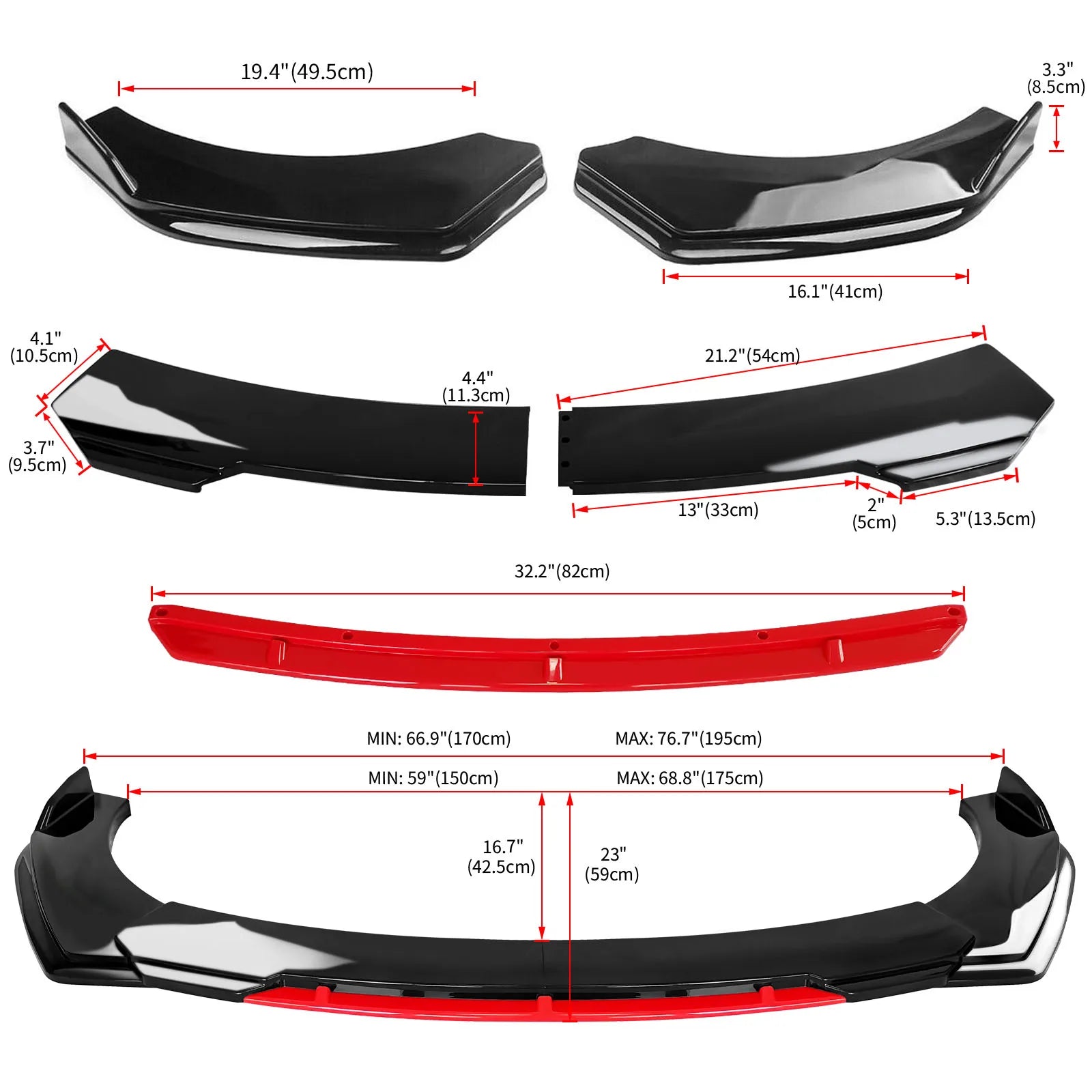 Universal 5PCS Car Front Bumper Lip Body Kit Spoiler Splitter Diffuser Red Carbon Black Fiber Canard Splitter ABS Plastic