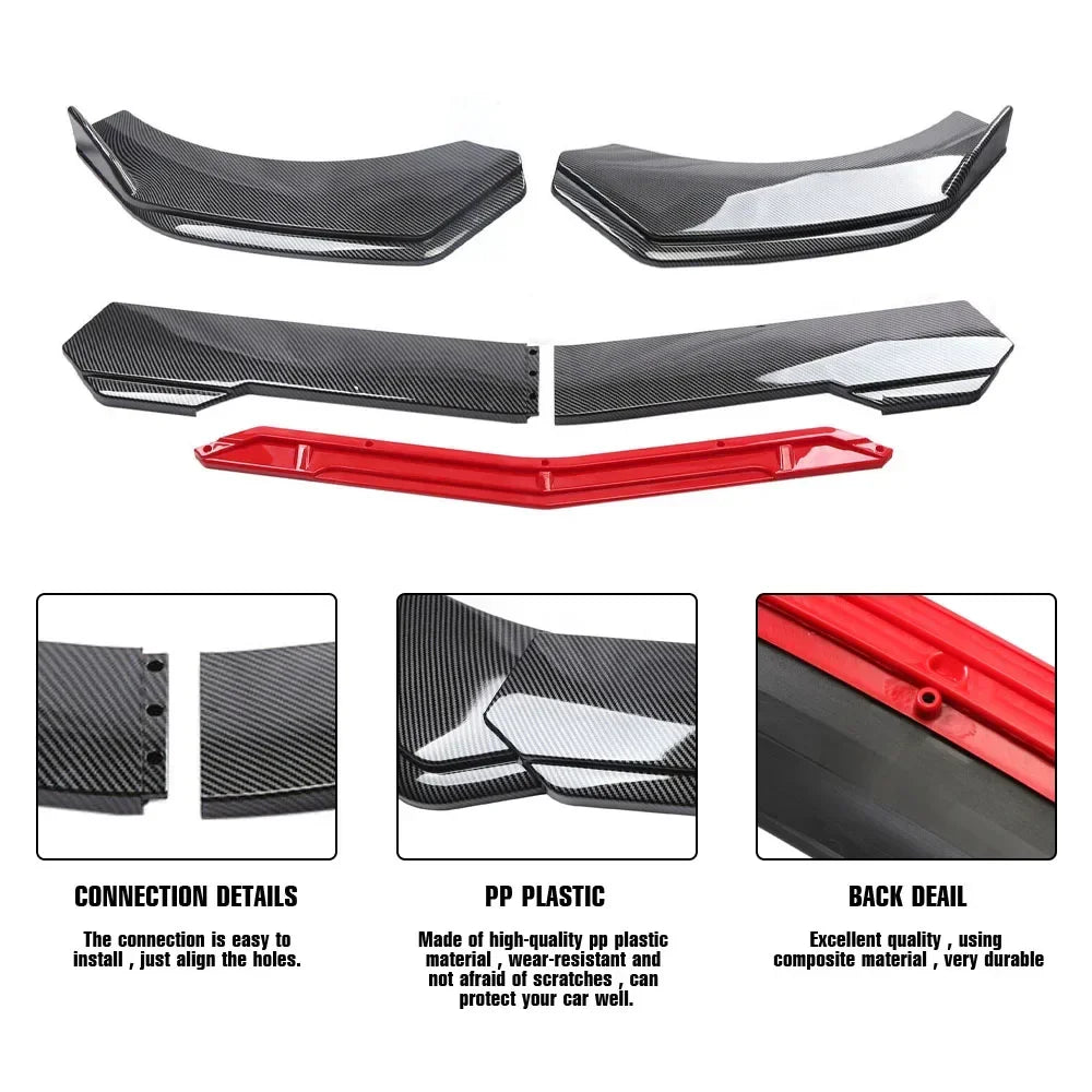Universal 5PCS Car Front Bumper Lip Body Kit Spoiler Splitter Diffuser Red Carbon Black Fiber Canard Splitter ABS Plastic