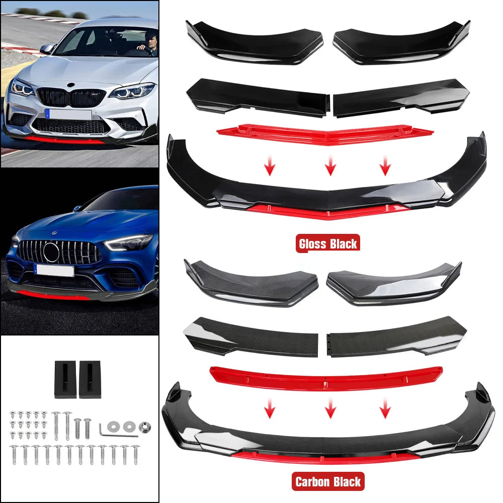 Universal 5PCS Car Front Bumper Lip Body Kit Spoiler Splitter Diffuser Red Carbon Black Fiber Canard Splitter ABS Plastic