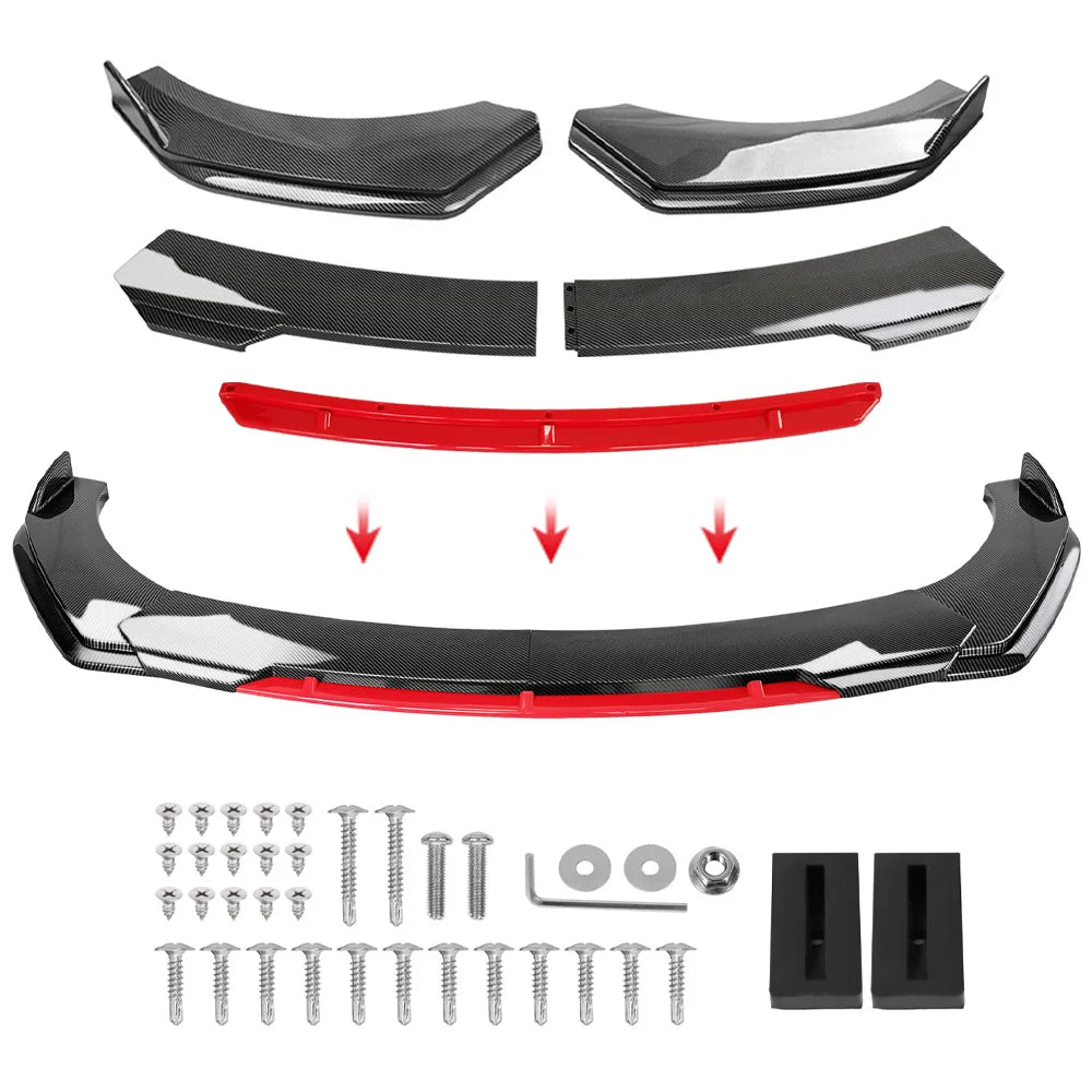 Universal 5PCS Car Front Bumper Lip Body Kit Spoiler Splitter Diffuser Red Carbon Black Fiber Canard Splitter ABS Plastic